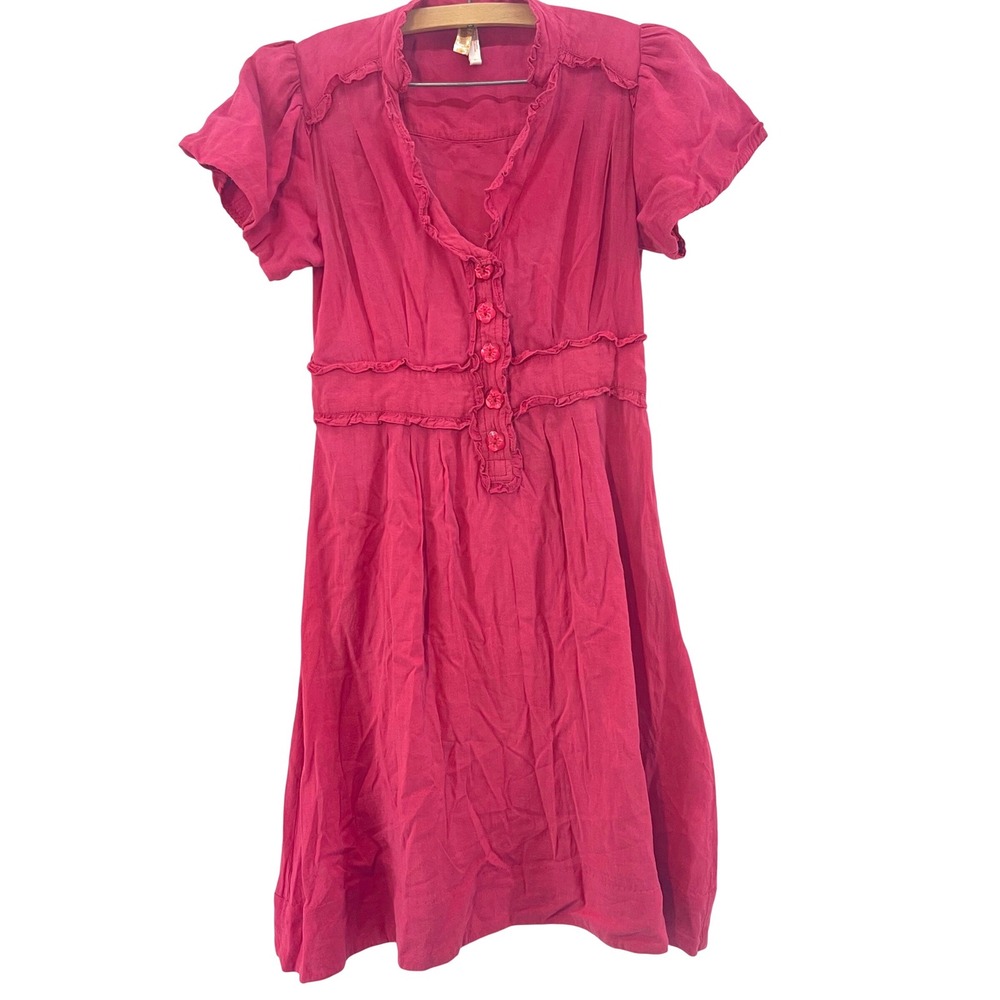 Anthropologie Maeve Deep Pink Ruffle Midi Dress Puff Sleeve Jewel Tone Valentine